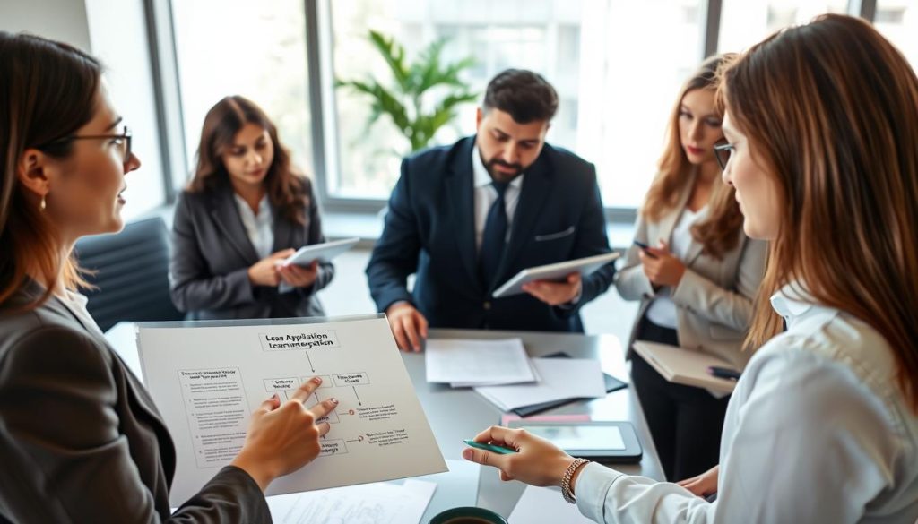 A professional office setting with a diverse group of individuals discussing a loan application process. In the foreground, a woman in business attire consults a client, pointing at a detailed flowchart illustrating the steps from inquiry to loan approval. In the middle, a man in a suit reviews documents at a desk, while a colleague takes notes on a tablet. The background features a large window allowing natural light to flood in, casting soft shadows. The atmosphere is focused and collaborative, with a sense of determination and clarity in the air. The scene captures the essence of navigating bureaucratic processes with professional efficiency and teamwork.
