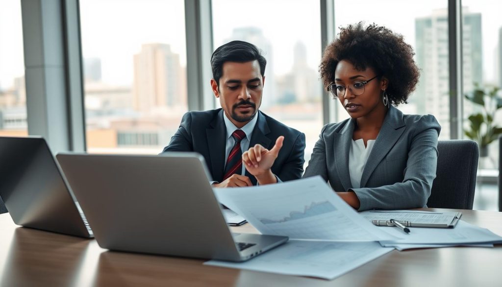 A professional office setting with a diverse group of individuals engaging in a loan application discussion. In the foreground, a neatly organized desk with financial documents, a laptop displaying graphs, and a pen poised over a loan application form. In the middle ground, two people in professional business attire—one Asian man and one Black woman—are reviewing the documents intently, their expressions focused and serious. In the background, large windows let in soft, natural light, illuminating the contemporary office space with a hint of urban skyline visible outside. The overall mood conveys a sense of diligence and professionalism, emphasizing the seriousness of the loan application process.