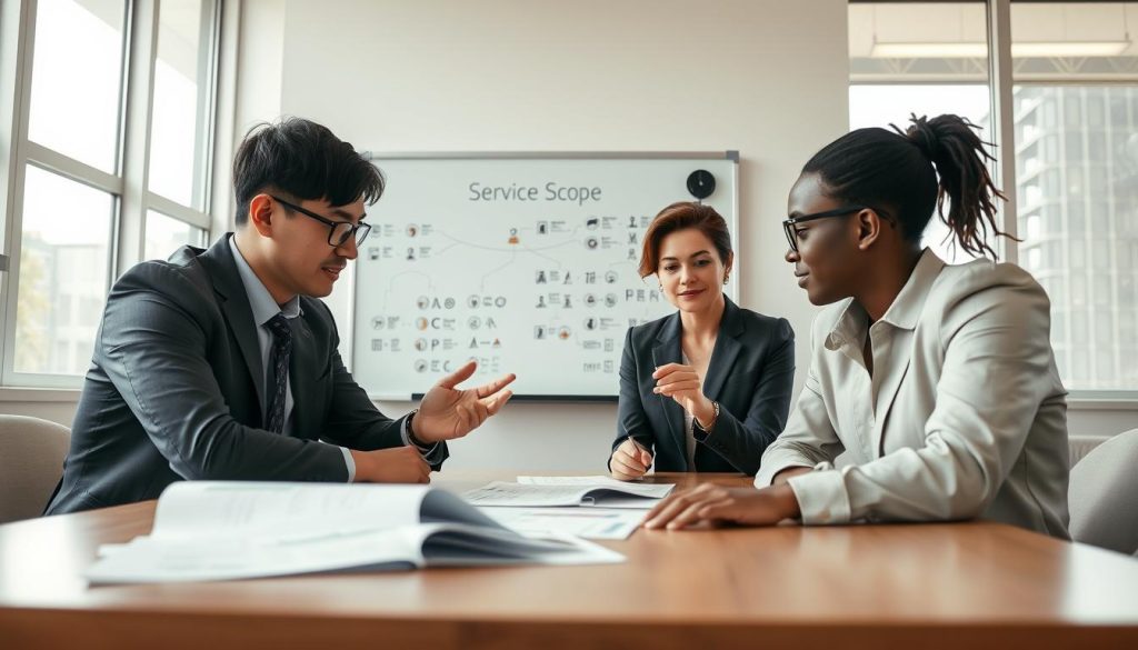 A professional office setting with a diverse team of three individuals, two men and one woman, engaged in a discussion around a large table. The foreground features the group, dressed in smart business attire, analyzing documents and charts that represent service scope. In the middle background, a whiteboard filled with flowcharts and bullet points illustrating '代辦服務範圍' can be seen. Soft, natural lighting filters through large windows, creating an inviting atmosphere. The camera angle is slightly elevated, focusing on the interaction between the team members while capturing the workspace's collaborative spirit. The overall mood is one of professionalism and teamwork, reflecting the essence of administrative services.