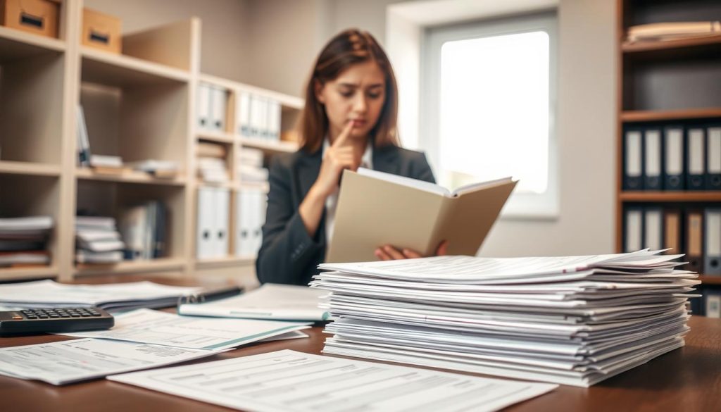 A professional office setting with a focus on alternative documents and evidence for loan applications. In the foreground, a neatly organized desk featuring financial documents like pay stubs, bank statements, and a calculator; a soft-focus stack of alternative proof documents positioned beside them. In the middle, a person in business attire, a young female office worker, thoughtfully reviewing a folder with a concerned yet determined expression. In the background, shelves filled with binders and a window letting in natural light, creating a warm and focused atmosphere. The image captures the essence of professionalism and resourcefulness in securing loans without traditional income verification. Soft, diffused lighting enhances the scene, evoking a sense of diligence and preparedness. A professional office setting with a focus on alternative documents and evidence for loan applications. In the foreground, a neatly organized desk featuring financial documents like pay stubs, bank statements, and a calculator; a soft-focus stack of alternative proof documents positioned beside them. In the middle, a person in business attire, a young female office worker, thoughtfully reviewing a folder with a concerned yet determined expression. In the background, shelves filled with binders and a window letting in natural light, creating a warm and focused atmosphere. The image captures the essence of professionalism and resourcefulness in securing loans without traditional income verification. Soft, diffused lighting enhances the scene, evoking a sense of diligence and preparedness.