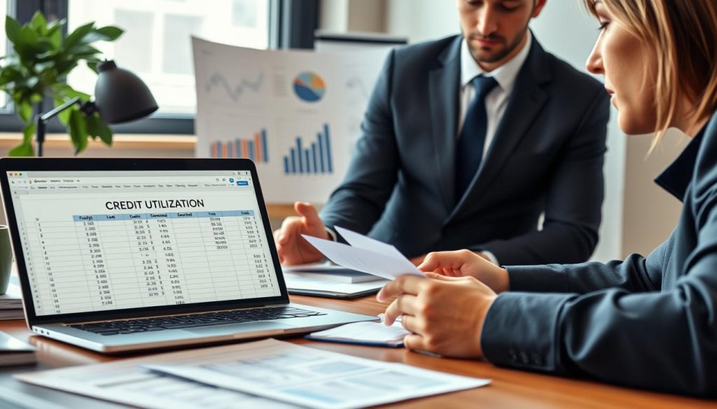 A professional office setting with a focus on financial management, featuring a well-organized desk with a laptop open to a spreadsheet labeled "Credit Utilization." In the foreground, a business professional, dressed in smart attire, reviews documents and notes, looking thoughtful and engaged. The middle scene showcases financial charts and graphs, highlighting data analysis on credit, while a window in the background lets in soft, natural light, creating a warm ambiance. The atmosphere conveys a sense of diligence and clarity, emphasizing the importance of credit management before applying for loans. The overall composition balances professionalism with an inviting work environment, reflecting meticulous preparation and strategic planning. A professional office setting with a focus on financial management, featuring a well-organized desk with a laptop open to a spreadsheet labeled "Credit Utilization." In the foreground, a business professional, dressed in smart attire, reviews documents and notes, looking thoughtful and engaged. The middle scene showcases financial charts and graphs, highlighting data analysis on credit, while a window in the background lets in soft, natural light, creating a warm ambiance. The atmosphere conveys a sense of diligence and clarity, emphasizing the importance of credit management before applying for loans. The overall composition balances professionalism with an inviting work environment, reflecting meticulous preparation and strategic planning.
