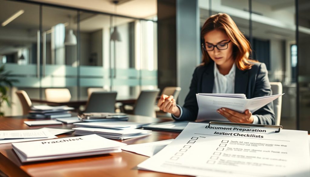 A professional office setting with a large, polished wooden desk in the foreground, cluttered with various documents and a checklist prominently displayed. A close-up of the checklist titled “Document Preparation Checklist” showcasing neatly organized items. In the middle ground, a focused businesswoman dressed in professional attire reviews a stack of paperwork, her expression confident and determined. Soft, natural lighting streams in through a window, casting gentle shadows, and creating a warm, inviting atmosphere. In the background, a modern conference room can be seen through glass partitions, emphasizing a corporate environment. The overall mood is one of productivity and efficiency, illustrating the concept of preparation and optimization in a loan application process.