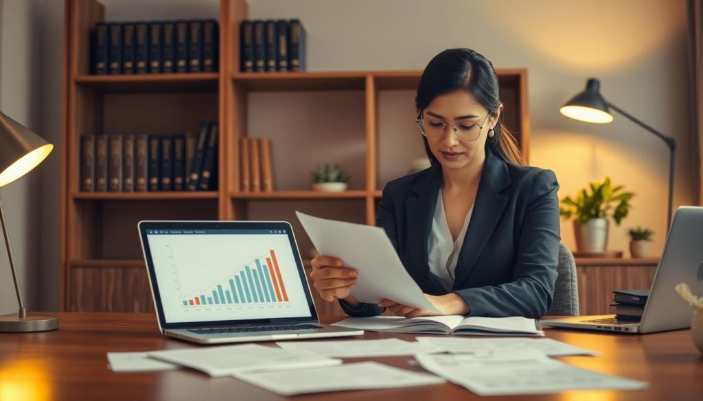 A professional office setting with a large wooden desk in the foreground, scattered with financial documents and a laptop displaying a graph of loan statistics. In the middle ground, a focused businesswoman in modest attire examines a document under a warm desk lamp, her expression attentive as she identifies hidden terms in the fine print. Books on financial regulations line the shelves in the background, alongside a potted plant adding a touch of color. The scene is warmly lit with soft shadows, conveying a mood of diligence and caution. The camera angle captures a slightly elevated view, suggesting a perspective of insight and vigilance in risk management within the context of loan options. A professional office setting with a large wooden desk in the foreground, scattered with financial documents and a laptop displaying a graph of loan statistics. In the middle ground, a focused businesswoman in modest attire examines a document under a warm desk lamp, her expression attentive as she identifies hidden terms in the fine print. Books on financial regulations line the shelves in the background, alongside a potted plant adding a touch of color. The scene is warmly lit with soft shadows, conveying a mood of diligence and caution. The camera angle captures a slightly elevated view, suggesting a perspective of insight and vigilance in risk management within the context of loan options.