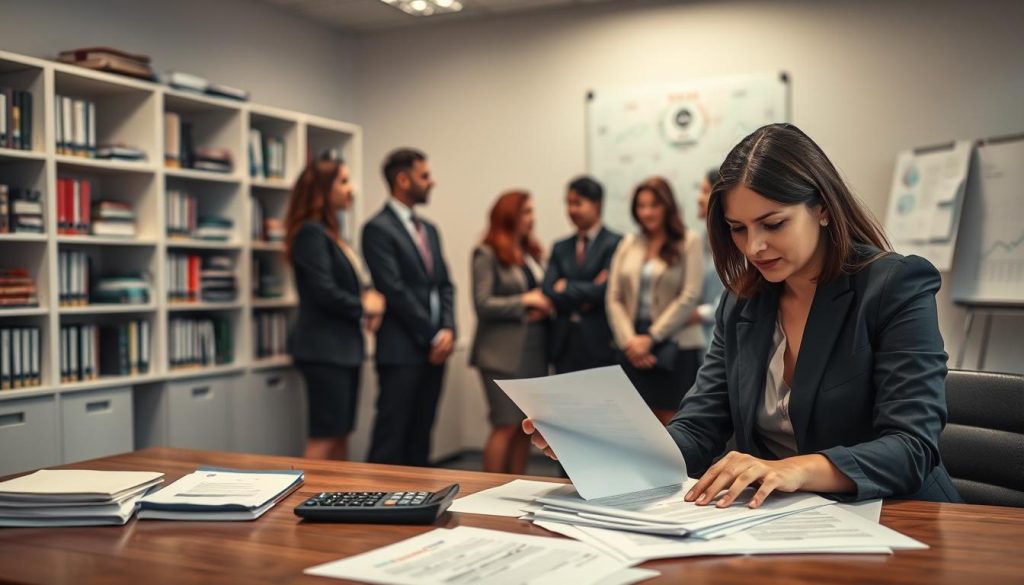 A professional office setting with a well-lit environment. In the foreground, a businesswoman in professional attire is analyzing documents on a desk, looking focused and engaged. On the desk, there are various papers and a calculator, symbolizing loan agreements and financial assessments. In the middle ground, a diverse group of individuals in business attire are having a discussion, suggesting collaboration on financial decisions. The background features shelves filled with financial books and a wall-mounted whiteboard showcasing diagrams related to loans. The atmosphere is serious yet collaborative, highlighting the importance of understanding the differences between private and bank loans. Use soft, warm lighting to create a welcoming yet professional mood. Focus with a slight depth of field to emphasize the businesswoman in the foreground. A professional office setting with a well-lit environment. In the foreground, a businesswoman in professional attire is analyzing documents on a desk, looking focused and engaged. On the desk, there are various papers and a calculator, symbolizing loan agreements and financial assessments. In the middle ground, a diverse group of individuals in business attire are having a discussion, suggesting collaboration on financial decisions. The background features shelves filled with financial books and a wall-mounted whiteboard showcasing diagrams related to loans. The atmosphere is serious yet collaborative, highlighting the importance of understanding the differences between private and bank loans. Use soft, warm lighting to create a welcoming yet professional mood. Focus with a slight depth of field to emphasize the businesswoman in the foreground.