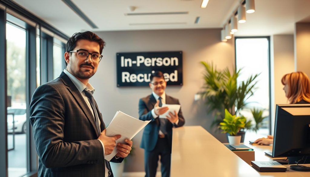 A professional scene depicting a person in business attire standing confidently at a bank counter, engaging with a friendly bank officer. The foreground features the person looking attentive and focused, holding important documents. In the middle, the bank officer, also in business attire, is gesturing towards a sign that reads “In-Person Required” on the wall behind them, symbolizing situations that require personal presence. The background shows a modern bank interior with sleek designs, large windows letting in natural light, and some potted plants for a welcoming atmosphere. The lighting is bright and warm, creating a professional yet inviting mood. The angle captures both the individual's expressions and the surrounding environment, emphasizing the importance of in-person interactions in certain scenarios.