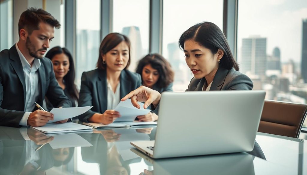 A professional scene depicting the process of selecting a bank for loans, featuring a diverse group of people engaged in discussion around a modern conference table. In the foreground, a middle-aged Asian woman in business attire points to a laptop showing a finance website, her expression focused and thoughtful. To the left, a young Caucasian man jots down notes, while a Black woman is reviewing printed documents. The background features a large window with cityscape views under natural daylight, creating a sense of openness and opportunity. The atmosphere is serious yet collaborative, emphasizing the importance of informed decision-making in the banking sector. The image should have a soft focus on the background while keeping the foreground sharp, using a warm color palette to convey a welcoming yet professional environment.