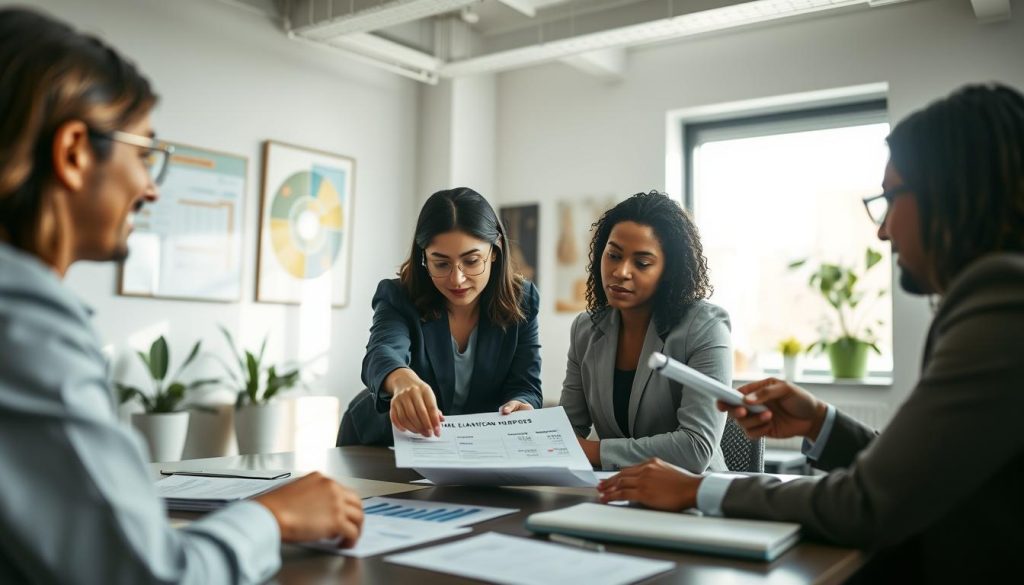 A professional setting depicting a diverse group of individuals engaged in a focused discussion about financial planning, specifically loan purposes. In the foreground, a woman in business attire is pointing at a document on the table, illustrating loan allocation strategies. Beside her, a man in a suit is taking notes. The middle ground features a large window with soft natural light streaming in, illuminating a modern office space with plants and financial charts on the walls. In the background, abstract art pieces add a sense of motivation. The mood is collaborative and optimistic, capturing a moment of shared understanding and strategic thinking about future loan applications. The overall composition is well-lit, with a balanced perspective that invites viewers to engage with the scene. A professional setting depicting a diverse group of individuals engaged in a focused discussion about financial planning, specifically loan purposes. In the foreground, a woman in business attire is pointing at a document on the table, illustrating loan allocation strategies. Beside her, a man in a suit is taking notes. The middle ground features a large window with soft natural light streaming in, illuminating a modern office space with plants and financial charts on the walls. In the background, abstract art pieces add a sense of motivation. The mood is collaborative and optimistic, capturing a moment of shared understanding and strategic thinking about future loan applications. The overall composition is well-lit, with a balanced perspective that invites viewers to engage with the scene.