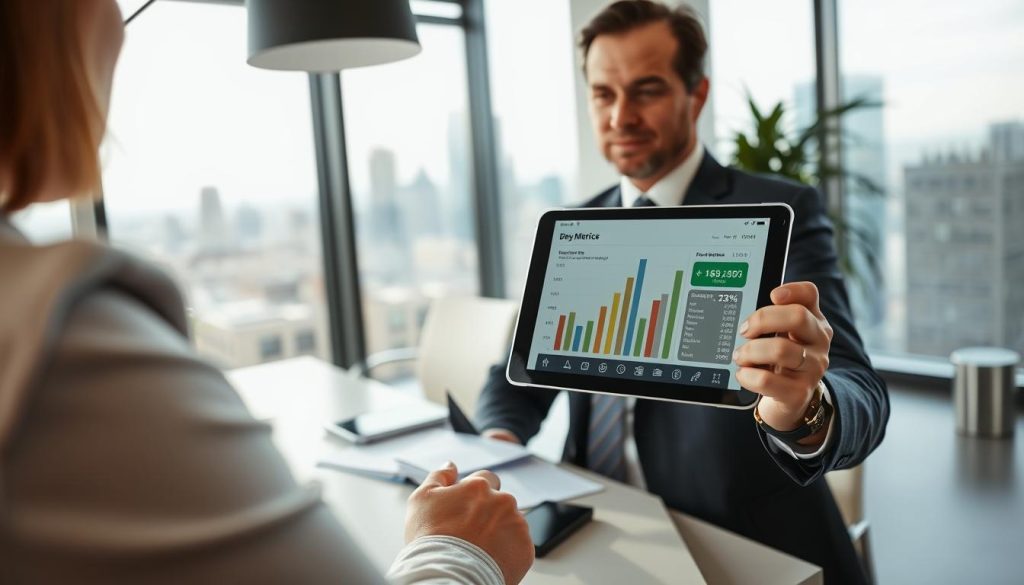 A professional setting depicting a financial advisor in a modern office, focusing on debt-to-income ratio (DBR) management. In the foreground, a well-dressed advisor, holding a tablet displaying financial data, illustrates key metrics. The middle ground features a sleek desk with financial charts and documents, emphasizing organization and analysis. In the background, a large window reveals a city skyline, symbolizing opportunities. Soft, natural lighting streams in, creating a warm atmosphere. The image conveys a sense of professionalism and stability, ideal for discussing financial strategies. The lens captures the scene at a slight angle, highlighting the advisor's focused expression, as they guide a client towards informed decision-making for loan applications. A professional setting depicting a financial advisor in a modern office, focusing on debt-to-income ratio (DBR) management. In the foreground, a well-dressed advisor, holding a tablet displaying financial data, illustrates key metrics. The middle ground features a sleek desk with financial charts and documents, emphasizing organization and analysis. In the background, a large window reveals a city skyline, symbolizing opportunities. Soft, natural lighting streams in, creating a warm atmosphere. The image conveys a sense of professionalism and stability, ideal for discussing financial strategies. The lens captures the scene at a slight angle, highlighting the advisor's focused expression, as they guide a client towards informed decision-making for loan applications.