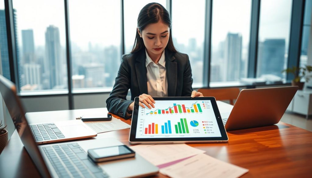 A professional setting depicting a financial analyst reviewing loan application statistics on a digital tablet. In the foreground, a well-dressed businesswoman (in formal attire) is intently analyzing colorful graphs showing "貸款過件率" (loan approval rates), looking thoughtfully at the data. The middle ground features a sleek office desk with papers and a laptop amidst a backdrop of large windows showcasing a cityscape, allowing soft natural light to illuminate the scene. The atmosphere is serious yet hopeful, indicating the challenges of loan approvals and the potential for improvement. The overall color palette is warm and inviting, with a focus on blue and green tones to symbolize finance and growth. The image emphasizes professionalism and analysis in the context of banking and loans.