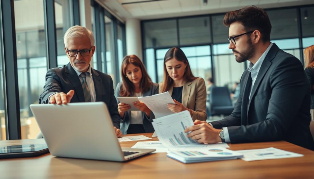 A professional setting depicting a group of four individuals engaged in a serious discussion around a table, analyzing documents and charts. In the foreground, a middle-aged man in a suit gestures towards a laptop displaying graphs, while a young woman in smart casual attire takes notes. In the middle ground, a diverse group of participants includes a middle-aged woman reviewing paperwork and a younger man pointing to statistics on a tablet. The background features a modern office environment with large windows letting in natural light, casting a warm glow. The atmosphere is focused and contemplative, emphasizing the importance of evaluating the effectiveness of service agents in navigating banking processes, with a slight sense of urgency in their expressions. The scene captures a moment of collaboration and analysis.