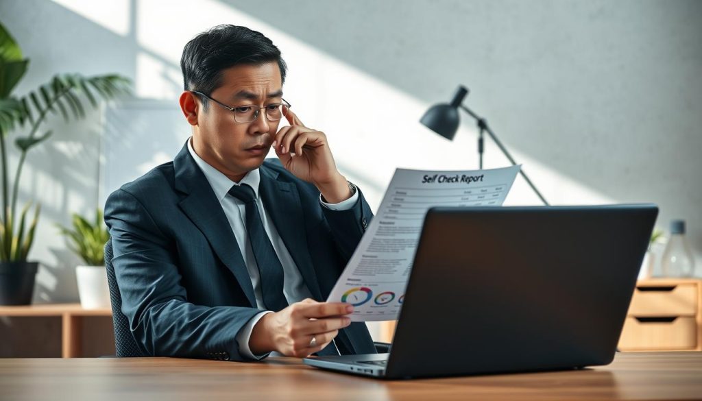 A professional setting depicting a person sitting at a desk, thoughtfully reviewing a laptop screen displaying a graph of credit scores. In the foreground, a concerned individual in business attire, a middle-aged Asian man, is closely analyzing documents titled "Self-Check Report" with various financial metrics. In the middle ground, a well-organized office space with plants and a soft texture background suggesting calmness, light coming from a nearby window casting gentle shadows. The atmosphere conveys a sense of seriousness and introspection, emphasizing the importance of self-assessment in credit evaluation. The composition is balanced with focused lighting highlighting the subject and the documents, creating an engaging yet professional mood.