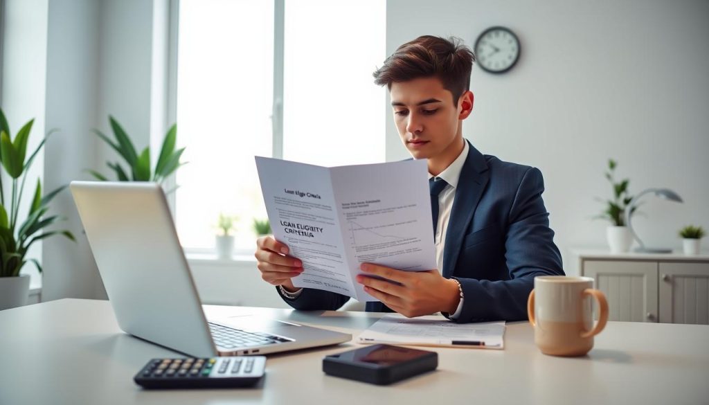 A professional setting depicting a young adult in business attire seated at a modern desk, reviewing a document titled "Loan Eligibility Criteria." The foreground includes a laptop open with financial charts visible on the screen, alongside a calculator and a coffee mug. In the middle background, a large window allows soft natural light to flood the room, illuminating the sleek, minimalist office space adorned with potted plants and a wall clock. The atmosphere is focused and contemplative, conveying a sense of decision-making and analysis. The overall color palette should consist of calming blues and greens, enhancing the professional mood while ensuring a clear distinction of elements within the image.