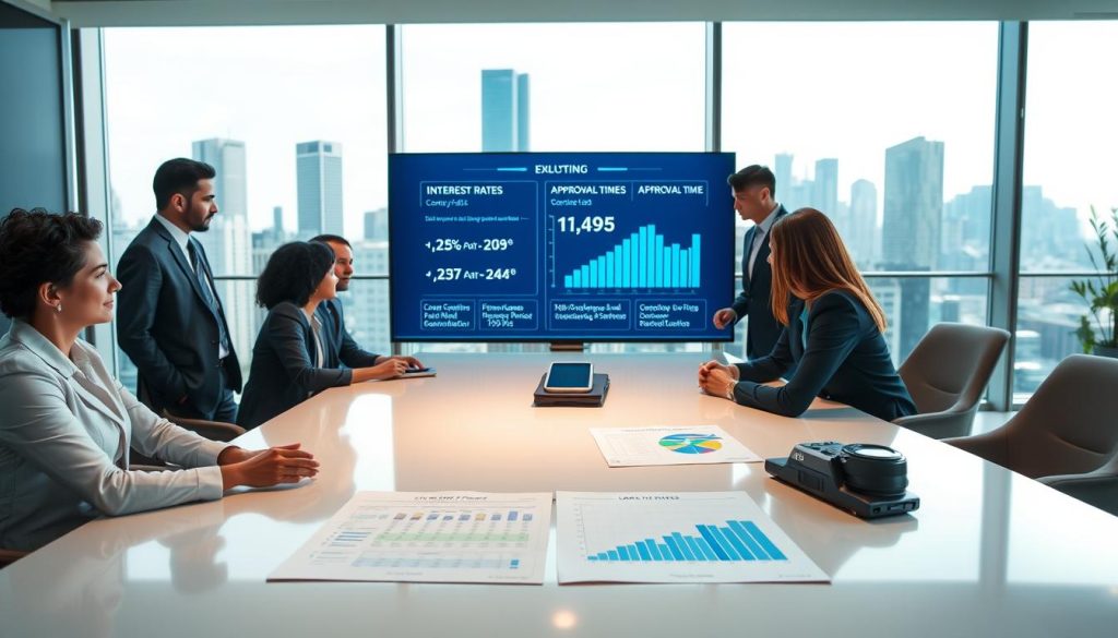 A professional setting depicting key indicators when selecting a loan agency. In the foreground, a diverse group of business professionals in smart attire, engaged in a discussion, with a financial report and charts on a sleek conference table. In the middle ground, a large screen displays various metrics like interest rates, customer satisfaction scores, and approval times, illuminated with a soft blue light. The background features a modern office with panoramic windows showcasing a city skyline, allowing natural light to filter in, creating a bright and positive atmosphere. The mood is focused and collaborative, emphasizing professionalism and informed decision-making in the financial sector.