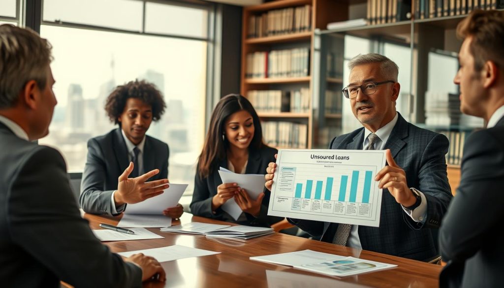 A professional setting featuring a diverse group of individuals in business attire, gathered around a conference table discussing financial options. In the foreground, a middle-aged Asian man is presenting a chart related to unsecured loans, gesturing with enthusiasm. In the middle, a young woman of African descent is taking notes, while a Caucasian man analyzes documents. The atmosphere is focused and collaborative, with warm, natural lighting coming from large windows. The background includes shelves filled with financial books and a view of a city skyline, enhancing the business context. The image conveys a sense of professionalism, trust, and financial empowerment, suitable for illustrating discussions about who would benefit from unsecured loans. A professional setting featuring a diverse group of individuals in business attire, gathered around a conference table discussing financial options. In the foreground, a middle-aged Asian man is presenting a chart related to unsecured loans, gesturing with enthusiasm. In the middle, a young woman of African descent is taking notes, while a Caucasian man analyzes documents. The atmosphere is focused and collaborative, with warm, natural lighting coming from large windows. The background includes shelves filled with financial books and a view of a city skyline, enhancing the business context. The image conveys a sense of professionalism, trust, and financial empowerment, suitable for illustrating discussions about who would benefit from unsecured loans.