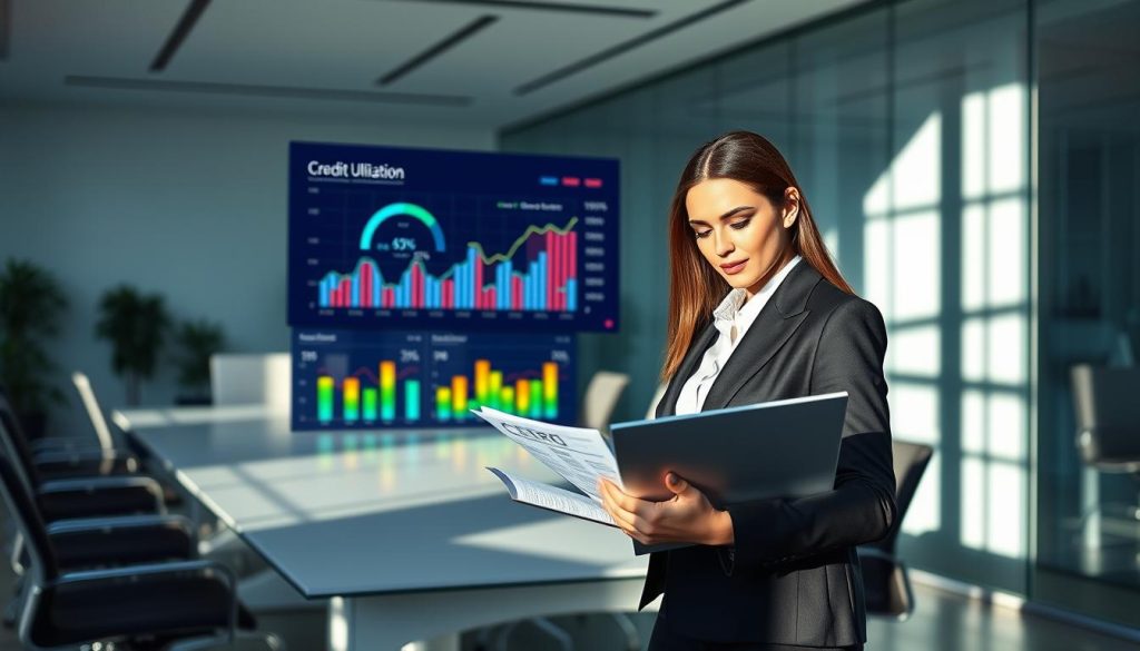 A professional setting featuring a modern office environment with a focus on credit utilization. In the foreground, a confident businesswoman, dressed in a sleek suit, is reviewing financial documents and charts on her laptop. The middle ground shows a visually striking digital dashboard displaying vibrant graphs and percentages related to credit card utilization rates. The background features a sleek conference room with glass walls and natural lighting, emphasizing a bright and optimistic atmosphere. Soft shadows cast by the sunlight contribute to a dynamic yet professional mood, capturing the essence of financial empowerment and responsible credit use. The scene should evoke a sense of clarity and determination in achieving financial goals.