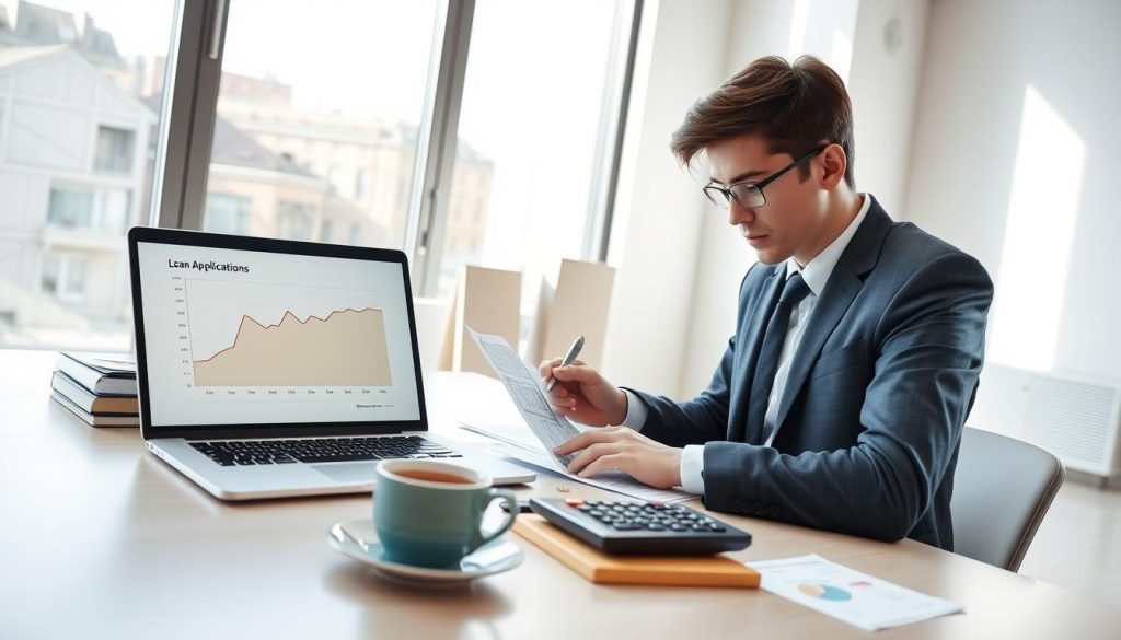 A professional setting focused on personal finance, depicting a young person sitting at a desk with a calculator and financial documents spread out. In the foreground, the person is wearing smart business attire, appearing focused and contemplative, analyzing their budget. The middle ground features an open laptop displaying a graph related to loan applications, accompanied by a cup of coffee for a touch of warmth. In the background, a large window allows natural light to flood the room, enhancing the atmosphere of productivity and financial clarity. The lighting is bright yet soft, creating an inviting and thoughtful mood, emphasizing the importance of understanding financial goals and needs before pursuing a loan.