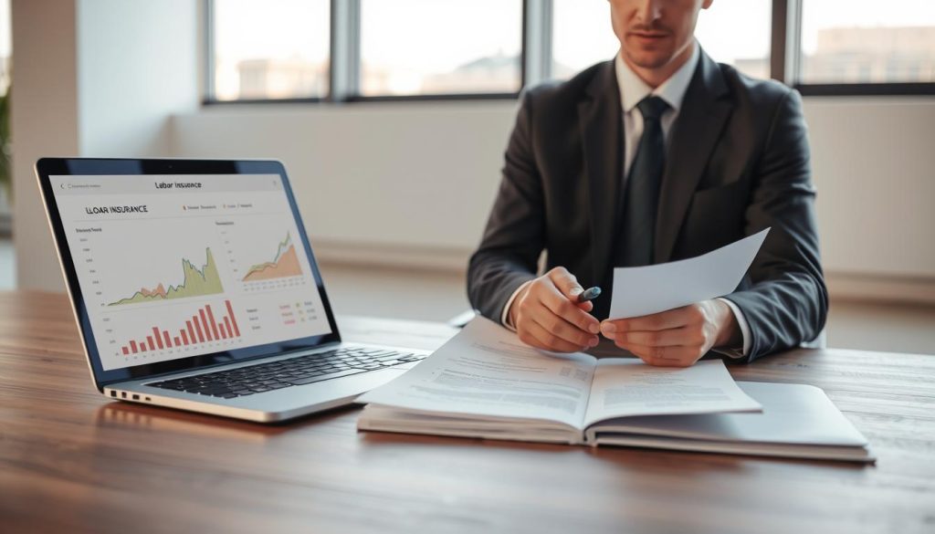 A professional setting focusing on the concept of reinforcing loan repayment capability through labor insurance records. In the foreground, a business professional dressed in smart attire is seated at a desk, analyzing a labor insurance document and making notes. The middle ground features a laptop displaying financial graphs and statistics. The background showcases a modern office with a large window letting in natural light, which casts soft shadows. The mood is serious and focused, illustrating the importance of financial stability. Use a wide-angle lens to capture a bright, clear image with warm lighting that enhances a sense of professionalism and determination.