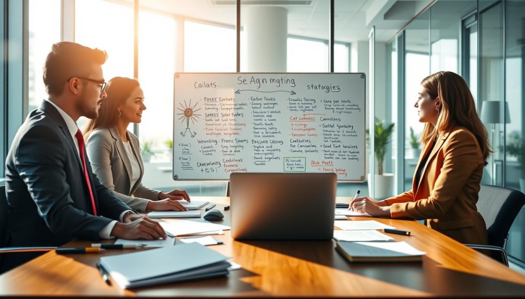 A professional setting illustrating practical techniques to enhance loan approval rates. In the foreground, a diverse group of three business professionals, dressed in formal attire, are engaged in a dynamic discussion around a conference table cluttered with documents and a laptop. The middle section features a well-organized whiteboard filled with strategic tips and communication strategies, highlighted with colorful markers. The background shows a modern office with large windows, allowing natural light to flood the space, creating a bright and inviting atmosphere. Soft shadows accentuate the focus on the professionals, emanating a sense of collaboration and urgency, highlighting the importance of effective communication in securing loans. The overall mood is optimistic and forward-thinking.