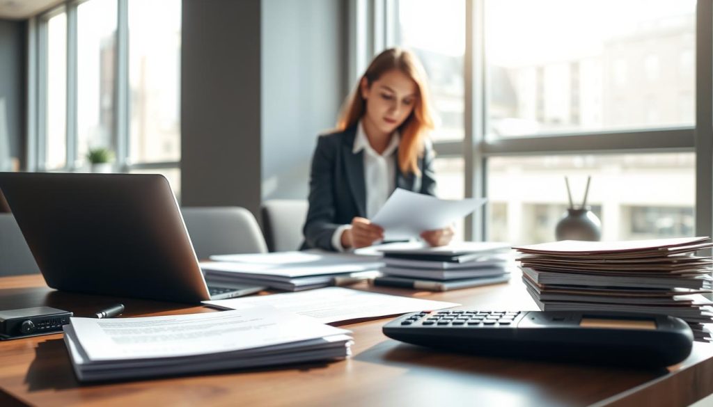 A professional setting illustrating the concept of loan documentation and conditions. In the foreground, a well-organized desk with a laptop, stacks of papers, and a calculator, conveying the meticulous nature of preparing loan applications. In the middle, a businesswoman dressed in professional attire, intently reviewing documents, showcasing expertise and focus. In the background, a modern office environment with a large window allowing natural light to flood in, creating a warm and inviting atmosphere. Soft shadows cast on the desk from the window light enhance the sense of depth. The overall mood is professional and informative, ideal for depicting the intricacies of loan application processes without any text or distractions. A professional setting illustrating the concept of loan documentation and conditions. In the foreground, a well-organized desk with a laptop, stacks of papers, and a calculator, conveying the meticulous nature of preparing loan applications. In the middle, a businesswoman dressed in professional attire, intently reviewing documents, showcasing expertise and focus. In the background, a modern office environment with a large window allowing natural light to flood in, creating a warm and inviting atmosphere. Soft shadows cast on the desk from the window light enhance the sense of depth. The overall mood is professional and informative, ideal for depicting the intricacies of loan application processes without any text or distractions.