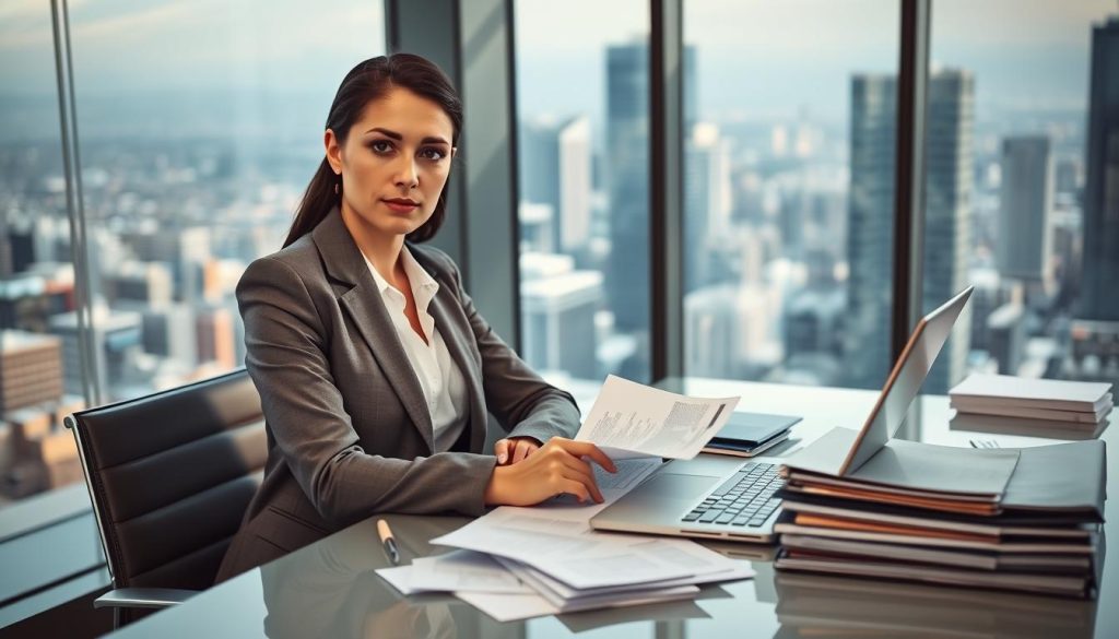 A professional setting in a modern bank office, showcasing a businesswoman in professional attire, sitting at a sleek desk covered with paperwork and a laptop, analyzing credit options without any visible assets. In the background, a large window reveals a bustling cityscape, symbolizing the complexity of financial systems. Soft, natural lighting filters through the window, casting a warm glow over the scene. The mood is serious yet hopeful, emphasizing the importance of financial accessibility. The camera angle is slightly elevated, focused on the businesswoman's determined expression, with the desk cluttered yet organized, reflecting her dedication to exploring loan possibilities despite the challenges of having no assets. A professional setting in a modern bank office, showcasing a businesswoman in professional attire, sitting at a sleek desk covered with paperwork and a laptop, analyzing credit options without any visible assets. In the background, a large window reveals a bustling cityscape, symbolizing the complexity of financial systems. Soft, natural lighting filters through the window, casting a warm glow over the scene. The mood is serious yet hopeful, emphasizing the importance of financial accessibility. The camera angle is slightly elevated, focused on the businesswoman's determined expression, with the desk cluttered yet organized, reflecting her dedication to exploring loan possibilities despite the challenges of having no assets.