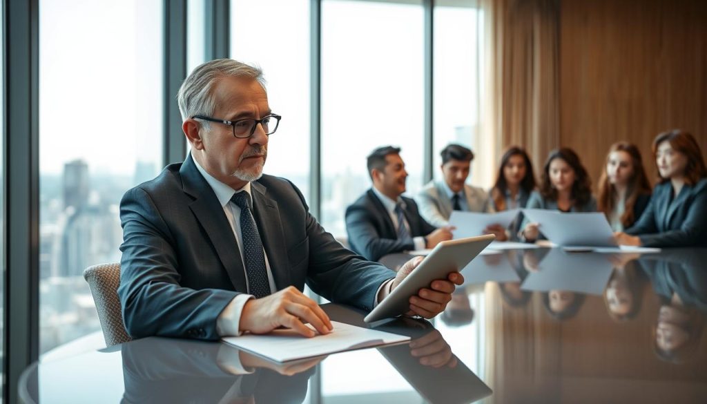 A professional setting representing "授信續約" with an emphasis on financial decisions. In the foreground, a middle-aged businessman in a tailored navy suit sits at a sleek conference table, reviewing documents on a tablet, looking contemplative and focused. Beside him, a diverse group of businessmen and businesswomen in professional attire discuss the terms of a loan agreement, with expressions of determination. In the middle ground, a large window reveals a city skyline, suggesting a bustling financial district. Soft, natural light streams through the window, creating warm and inviting shadows. The mood is serious yet hopeful, conveying the importance of trust and responsibility in financial agreements. The camera angle is slightly elevated, providing a broad view of the scene. A professional setting representing "授信續約" with an emphasis on financial decisions. In the foreground, a middle-aged businessman in a tailored navy suit sits at a sleek conference table, reviewing documents on a tablet, looking contemplative and focused. Beside him, a diverse group of businessmen and businesswomen in professional attire discuss the terms of a loan agreement, with expressions of determination. In the middle ground, a large window reveals a city skyline, suggesting a bustling financial district. Soft, natural light streams through the window, creating warm and inviting shadows. The mood is serious yet hopeful, conveying the importance of trust and responsibility in financial agreements. The camera angle is slightly elevated, providing a broad view of the scene.