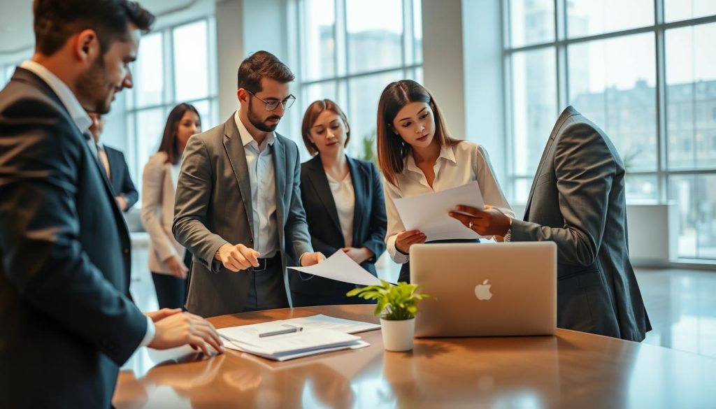 A professional setting showcasing a bank's credit loan consultation. In the foreground, a diverse group of individuals in business attire—two professionals reviewing documents at a table—display focused expressions, analyzing loan options. The middle ground features an elegant office environment, with a sleek desk adorned with financial documents, a laptop, and a small potted plant. In the background, large windows provide natural lighting, casting soft shadows across the polished floor, enhancing the atmosphere of trust and professionalism. The color palette should convey calmness, with soft blues and earthy tones. The image should evoke a sense of security and careful decision-making, ideal for discussing bank credit loan options.