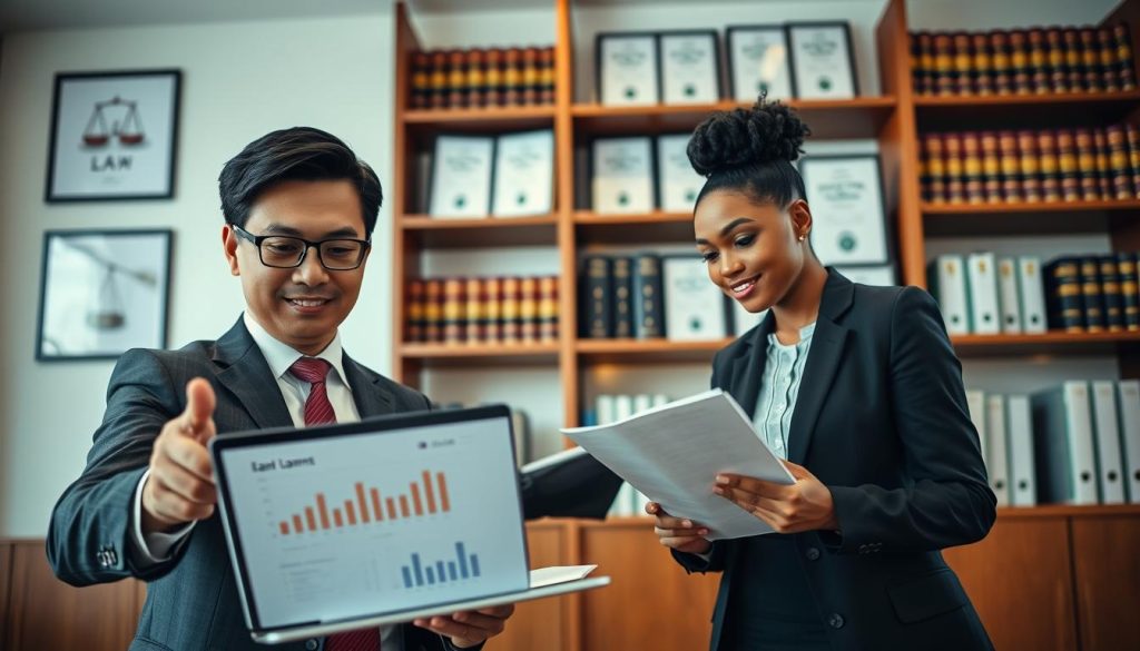 A professional setting showcasing a legal consultant's office, focusing on a diverse group of three businesspeople discussing loan options. In the foreground, a middle-aged Asian man in a smart business suit gestures towards a laptop displaying graphs and documents, symbolizing transparency and reliability. Beside him, a young Black woman in professional attire takes notes, showing engagement and trustworthiness. In the background, soft lighting illuminates shelves filled with legal books and certificates, suggesting legitimacy. The atmosphere is collaborative and focused, with a warm color palette to convey positivity and support. The angle captures an inviting and scholarly environment, emphasizing the importance of choosing a credible consulting company for financial assistance.