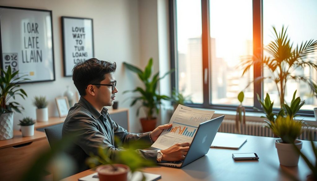 A professional workspace depicting a freelance worker contemplating loan options. In the foreground, a focused individual in smart casual attire sits at a modern desk, reviewing financial documents and graphs on a laptop. The middle layer features a soft-focus view of a cozy, well-lit office room filled with plants and motivational artwork. In the background, a window reveals a bright cityscape, symbolizing opportunities and uncertainties in the freelance market. The lighting is warm and inviting, reflecting a hopeful yet serious atmosphere. A shallow depth of field emphasizes the subject while allowing the viewer to feel the environment's supportive ambiance, encouraging the exploration of freelance loan viability.