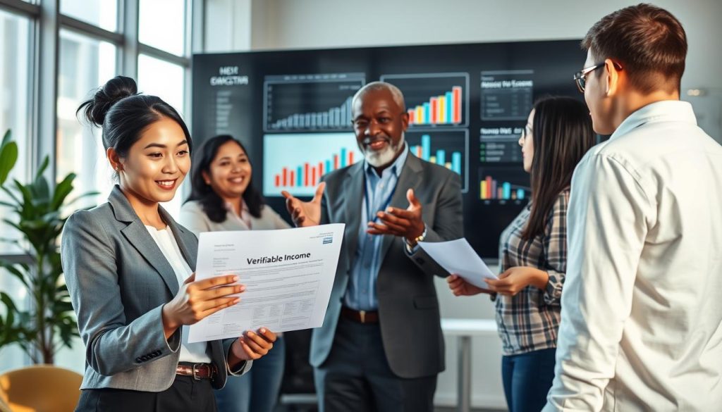 A professional workspace featuring a diverse group of individuals engaged in a discussion about financial documentation. In the foreground, a young Asian woman in business attire reviews financial documents on her laptop, with a focus on "verifiable income" paperwork. In the middle, a middle-aged Black man gestures while explaining concepts, surrounded by charts and graphs on a large screen behind them. The background includes a modern office setting with large windows letting in natural light, casting soft shadows. The atmosphere is collaborative and optimistic, emphasizing problem-solving and innovation. Use bright, inviting lighting with a slight warm tone to create a welcoming environment.