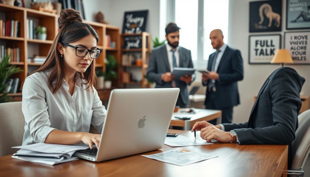 A professional workspace scene showcasing alternative income avenues, featuring a diverse group of individuals engaged in freelance work, side gigs, and contract projects. In the foreground, a focused young woman wearing smart casual attire is typing on a laptop, with papers and a financial report spread on the desk. In the middle, a man in a business suit is discussing a project with a colleague, having a digital tablet in hand. The background portrays a cozy office atmosphere with bookshelves, motivational art on the walls, and soft natural lighting filtering through a window. Use a shallow depth of field to emphasize the subjects while blurring the background slightly, evoking a professional yet inviting mood.