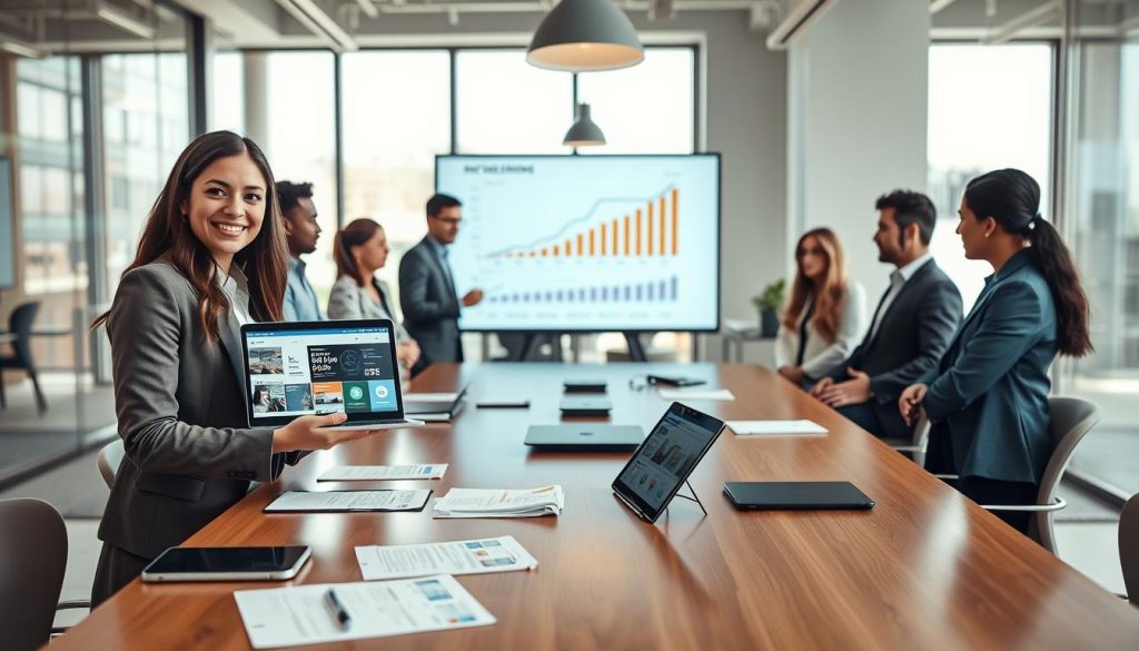 A professional workspace showing a diverse group of freelancers gathered around a sleek conference table. In the foreground, a woman in professional attire is presenting a laptop displaying a digital portfolio, showcasing her professional brand. On the table, various documents and a tablet with social media stats illustrate their digital footprint. In the middle, a man is analyzing a graph on a large screen that shows metrics of online presence. In the background, a modern office space with large windows allows natural light to flood in, creating a bright and inspiring atmosphere. The overall mood is collaborative and ambitious, emphasizing growth and professionalism in the freelance world. The image should feature a shallow depth of field to keep focus on the subjects while the background hints at success and creativity.