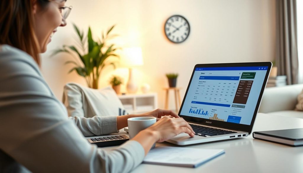 A serene and organized living space featuring a thoughtfully designed desk setup with a laptop open to a personal finance website. In the foreground, a person in professional attire is reviewing their credit card statements and budgeting, with a focused expression. In the middle, various financial tools like a calculator, budgeting planner, and a cup of coffee are placed neatly. The background showcases a well-lit, minimalist room with plants and a wall clock indicating the importance of time management. The lighting is warm and inviting, creating a calm atmosphere to suggest thoughtful financial planning. The overall mood is one of clarity and control, emphasizing careful spending and responsible financial habits.