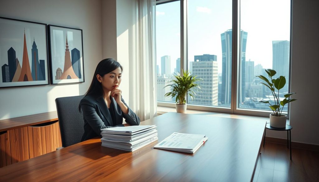 A serene office environment featuring a professional Asian woman seated at a sleek wooden desk, deep in thought, with a stack of financial documents in front of her. She wears smart business attire, exuding confidence and determination. In the background, a large window displays a city skyline, hinting at the bustling life outside, while soft natural light floods the room, creating a warm atmosphere. On the walls, modern art pieces represent financial concepts and assets, while a small potted plant adds a touch of greenery. The composition captures a contemplative mood, emphasizing the complexity of financial circumstances and the idea of lacking asset ownership, making it suitable for an insightful article section. A serene office environment featuring a professional Asian woman seated at a sleek wooden desk, deep in thought, with a stack of financial documents in front of her. She wears smart business attire, exuding confidence and determination. In the background, a large window displays a city skyline, hinting at the bustling life outside, while soft natural light floods the room, creating a warm atmosphere. On the walls, modern art pieces represent financial concepts and assets, while a small potted plant adds a touch of greenery. The composition captures a contemplative mood, emphasizing the complexity of financial circumstances and the idea of lacking asset ownership, making it suitable for an insightful article section.