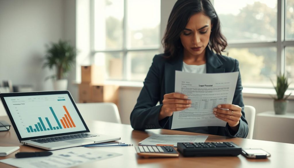 A serene office environment, featuring a professional setting with a modern desk and financial documents neatly organized. In the foreground, a confident businesswoman in professional attire reviews a loan application, showcasing her focused expression. The middle ground includes a laptop open with financial graphs and a calculator, symbolizing careful calculations and planning. In the background, soft natural light streams in through large windows, creating a warm and inviting atmosphere. The overall mood is one of determination and hopefulness, illustrating the idea of alternative pathways to financing even without tax records. Emphasize clarity and organization, with a balanced composition that highlights the subject’s proactive approach in the financial realm.