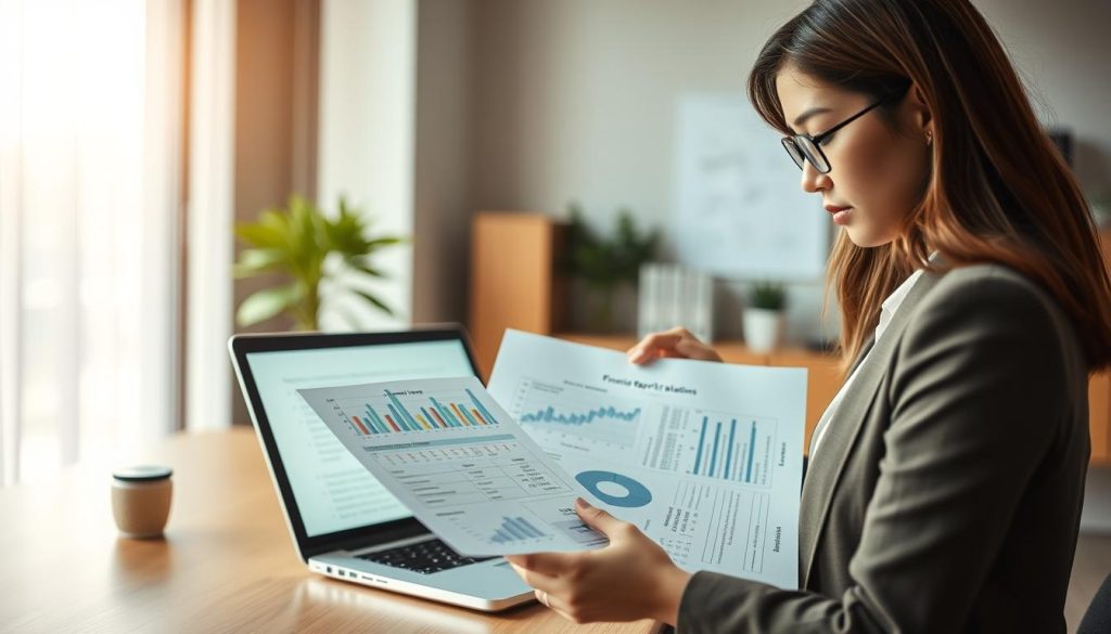 A serene office environment illustrating the concept of "聯徵瑕疵" (credit report flaws). In the foreground, a focused female financial advisor, dressed in professional attire, is reviewing a document with detailed charts and graphs that depict credit scores and error corrections. The middle ground features a modern desk with a laptop open, displaying a sensitive financial analysis. In the background, a large window lets in soft, diffused natural light, casting a warm glow across the room. The atmosphere should evoke a sense of professionalism and determination as the advisor strategizes the best approach to resolve credit issues. Use a standard lens with a slight depth of field to emphasize the subject while softly blurring the background. A serene office environment illustrating the concept of "聯徵瑕疵" (credit report flaws). In the foreground, a focused female financial advisor, dressed in professional attire, is reviewing a document with detailed charts and graphs that depict credit scores and error corrections. The middle ground features a modern desk with a laptop open, displaying a sensitive financial analysis. In the background, a large window lets in soft, diffused natural light, casting a warm glow across the room. The atmosphere should evoke a sense of professionalism and determination as the advisor strategizes the best approach to resolve credit issues. Use a standard lens with a slight depth of field to emphasize the subject while softly blurring the background.