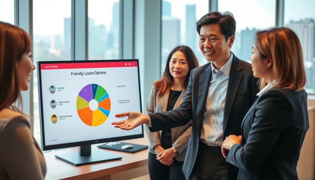 A serene office environment showcasing a professional financial advisor discussing loan options with a diverse group of clients. In the foreground, the advisor, a middle-aged Asian woman dressed in a smart business suit, gestures towards a colorful pie chart displaying various loan types on a sleek digital screen. In the middle, clients of different ethnicities, also in business attire, appear engaged and attentive, with expressions of curiosity and understanding. The background features a modern, well-lit office with glass windows, letting in soft natural light and offering a view of a cityscape. The atmosphere is one of collaboration and support, highlighting the concept of friendly loan options, with a warm color palette that creates an inviting feel.