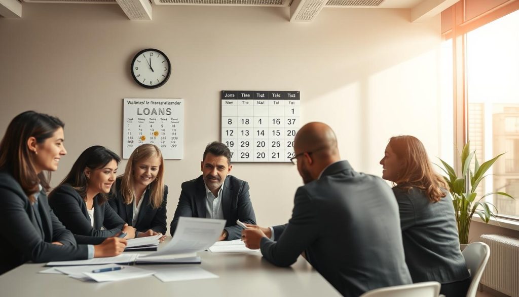 A serene office environment that symbolizes financial stability. In the foreground, a diverse group of professionals in business attire gather around a large table, reviewing financial documents and discussing loan options. Their expressions are focused yet optimistic, reflecting a sense of achievement and readiness. The middle scene features a wall-mounted calendar indicating the passage of time, with important dates highlighted to emphasize waiting periods for loan applications. The background shows a large window with soft, natural light spilling in, creating a warm atmosphere. A potted plant adds a touch of greenery, symbolizing growth and new beginnings. The overall mood is motivational and professional, conveying a sense of preparedness for future loan applications.