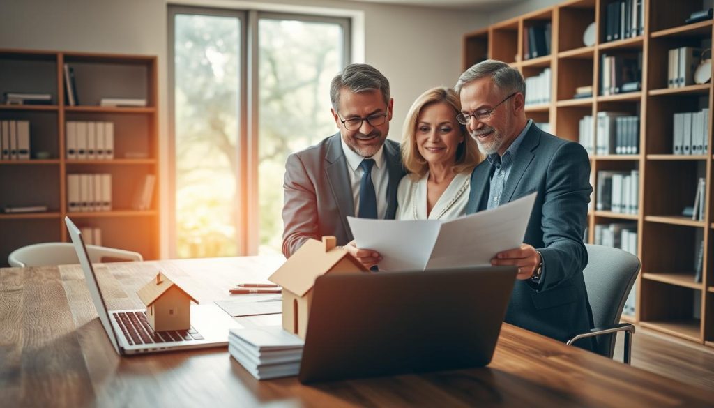 A serene office setting featuring a wooden desk with a modern laptop, papers, and a house model representing housing loans. In the foreground, a professional-looking couple in business attire, discussing financial documents and expressing consideration for their retirement plans. The middle ground showcases a large window allowing natural sunlight to flood the room, with a view of lush greenery outside symbolizing stability and growth. The background includes bookshelves filled with financial literature. The lighting is warm and inviting, creating an atmosphere of trust and optimism. Use a wide-angle lens to capture a sense of openness and inclusivity, with soft focus in the background to emphasize the couple's engagement in the discussion. A serene office setting featuring a wooden desk with a modern laptop, papers, and a house model representing housing loans. In the foreground, a professional-looking couple in business attire, discussing financial documents and expressing consideration for their retirement plans. The middle ground showcases a large window allowing natural sunlight to flood the room, with a view of lush greenery outside symbolizing stability and growth. The background includes bookshelves filled with financial literature. The lighting is warm and inviting, creating an atmosphere of trust and optimism. Use a wide-angle lens to capture a sense of openness and inclusivity, with soft focus in the background to emphasize the couple's engagement in the discussion.