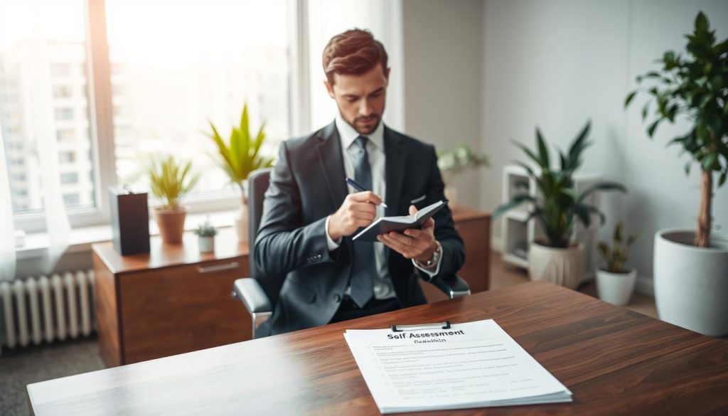A serene office setting with a polished wooden desk and a comfortable swivel chair positioned in the foreground. On the desk, a well-organized checklist titled “Self-Assessment: Reasons for Rejection” lies open, with neatly bullet-pointed items, each clearly legible. In the middle, a thoughtful business professional, dressed in smart business attire, analyzes the checklist with a focused expression, jotting down notes on a notepad. The background features a large window with soft, natural light pouring in, illuminating the entire scene and adding a warm, optimistic atmosphere. A few indoor plants subtly enhance the environment, creating a balanced, professional space that invites introspection and clarity.
