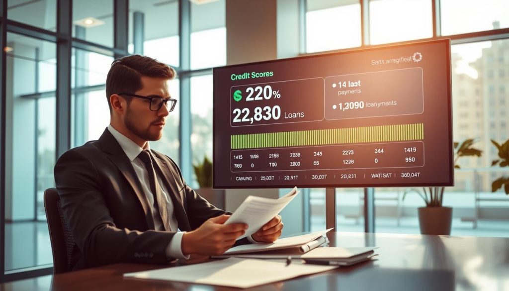 A sleek, modern bank office interior serves as the background, featuring large windows letting in natural light that creates a calm atmosphere. In the foreground, a focused business professional, dressed in smart attire, is sitting at a desk, analyzing financial documents and credit reports. The middle ground showcases a large digital screen displaying a fluctuating credit score and loan metrics, symbolizing late payments impacting credit evaluation. Soft shadows enhance the depth, while warm lighting sets a professional yet approachable mood. The overall composition highlights the gravity of credit scores and the implications of late loan payments, fostering a sense of seriousness and contemplation without any text or distractions. A sleek, modern bank office interior serves as the background, featuring large windows letting in natural light that creates a calm atmosphere. In the foreground, a focused business professional, dressed in smart attire, is sitting at a desk, analyzing financial documents and credit reports. The middle ground showcases a large digital screen displaying a fluctuating credit score and loan metrics, symbolizing late payments impacting credit evaluation. Soft shadows enhance the depth, while warm lighting sets a professional yet approachable mood. The overall composition highlights the gravity of credit scores and the implications of late loan payments, fostering a sense of seriousness and contemplation without any text or distractions.