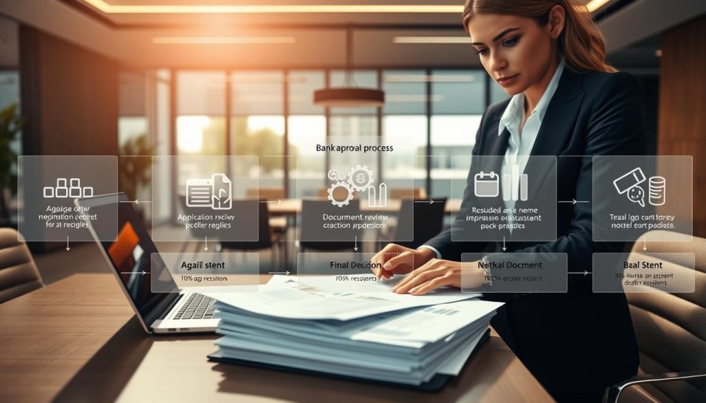 A sophisticated bank approval process visualized in a modern office environment. In the foreground, a professional-looking businesswoman in a tailored suit analyzes a stack of financial documents on her desk, with a laptop displaying graphs and statistics. In the middle, several transparent infographics depicting stages of the bank approval process flow, including application receipt, document review, and final decision, are subtly integrated into the workspace. The background features a sleek conference room with large windows allowing natural light to fill the space, casting soft shadows. The atmosphere is focused and industrious, evoking a sense of diligence and clarity, with warm lighting to enhance a welcoming yet professional ambiance.