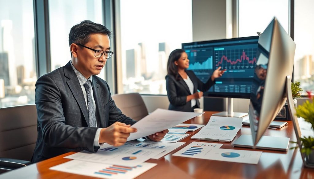 A sophisticated office environment showcasing a diverse group of professionals engaged in a collaborative meeting. In the foreground, a middle-aged Asian man in a tailored suit, attentively analyzing financial documents on a table filled with charts and graphs, emphasizing the theme of credit cross-verification. To his right, a young Black woman in business attire points to a computer screen displaying various company metrics, while a Hispanic man across the table takes notes. The background reveals a large window with city skyline views, casting a warm, natural light that creates a professional and dynamic atmosphere. The focus is sharp on the individuals, with a shallow depth of field that slightly blurs the background, enhancing the sense of teamwork and analysis. A sophisticated office environment showcasing a diverse group of professionals engaged in a collaborative meeting. In the foreground, a middle-aged Asian man in a tailored suit, attentively analyzing financial documents on a table filled with charts and graphs, emphasizing the theme of credit cross-verification. To his right, a young Black woman in business attire points to a computer screen displaying various company metrics, while a Hispanic man across the table takes notes. The background reveals a large window with city skyline views, casting a warm, natural light that creates a professional and dynamic atmosphere. The focus is sharp on the individuals, with a shallow depth of field that slightly blurs the background, enhancing the sense of teamwork and analysis.