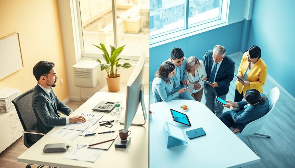 A split scene illustrating the distinction between bank loans and matchmaking platforms. In the foreground, on one side, a professional individual in business attire sits at a modern desk filled with financial documents and a computer displaying a bank's loan interface. The other side features a friendly agent in casual business attire engaging with a diverse group of clients, surrounded by tablets and digital devices showcasing a matchmaking platform. The middle ground blends the two environments with a contrasting color palette: cool blues and grays on the bank side versus warm yellows and greens on the matchmaking side. Soft, natural light bathes the scene, creating a welcoming atmosphere, with a slight depth of field effect to focus attention on the contrasting elements. Overall, the image conveys clarity and professionalism, emphasizing the importance of understanding these financial options. A split scene illustrating the distinction between bank loans and matchmaking platforms. In the foreground, on one side, a professional individual in business attire sits at a modern desk filled with financial documents and a computer displaying a bank's loan interface. The other side features a friendly agent in casual business attire engaging with a diverse group of clients, surrounded by tablets and digital devices showcasing a matchmaking platform. The middle ground blends the two environments with a contrasting color palette: cool blues and grays on the bank side versus warm yellows and greens on the matchmaking side. Soft, natural light bathes the scene, creating a welcoming atmosphere, with a slight depth of field effect to focus attention on the contrasting elements. Overall, the image conveys clarity and professionalism, emphasizing the importance of understanding these financial options.