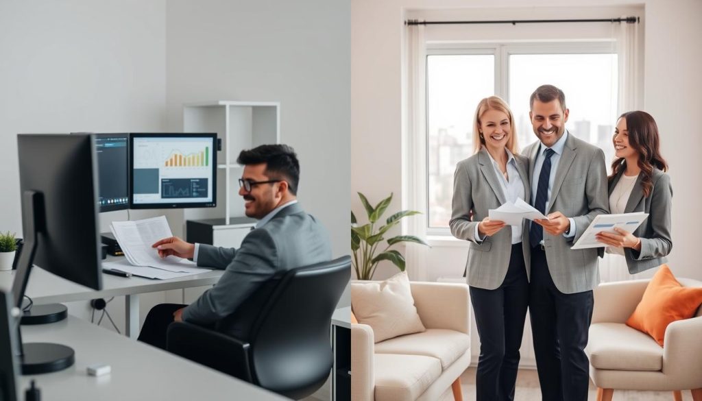 A split-screen image illustrating the differences between applying directly to a bank and using a loan broker. In the foreground, on the left, a confident individual in professional attire sits at a desk, engaged in a video call with a bank representative, surrounded by loan documents and a computer displaying charts. On the right, a smiling loan broker, also in business attire, stands beside a client in a cozy, well-lit office, discussing options while reviewing paperwork and tablets with financial graphs. The middle ground features light, modern furniture that suggests a professional yet welcoming atmosphere. The background shows an open window with a cityscape view, emphasizing a sense of opportunity and clarity. Soft, natural lighting enhances the mood, creating a contrast between the direct banking experience and a more personalized, supportive brokerage service.