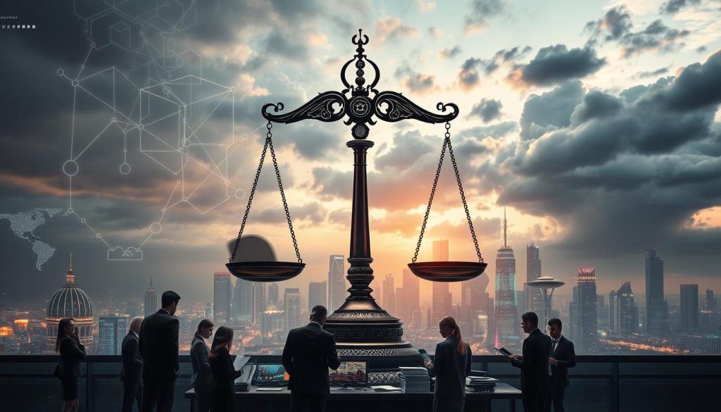 A symbolic representation of an "audit mechanism," featuring a large, intricately designed scale weighing documents against a backdrop of abstract technology and algorithmic patterns. In the foreground, a diverse group of professionals in business attire collaborate over papers and digital devices, symbolizing transparency and scrutiny. The middle ground showcases a futuristic cityscape with glowing data streams, embedded analytics visuals, and hints of complex workflows illustrating the intricacies of the review process. The background includes a cloudy sky transitioning from stormy to clear, symbolizing uncertainty and clarity in outcomes. Illuminate the scene with soft, diffused lighting to evoke a serious yet hopeful atmosphere. Use a wide-angle lens to capture the full scope of the collaborative effort and complexity.