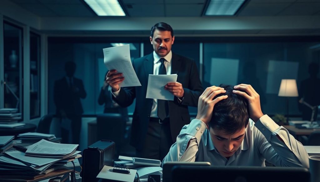 A tense office environment depicting "催收風險" with a focus on the psychological pressure of debt collection. In the foreground, a stressed individual sits at a cluttered desk, hands on their head, showcasing a look of anxiety. The middle ground features a stern debt collector in professional business attire, holding a document while standing imposing yet detached, symbolizing financial authority. The background displays dimly lit office walls with shadowy figures, representing unseen pressures, enhancing the oppressive atmosphere. Soft overhead lighting casts subtle shadows, creating a feeling of unease. The overall color palette is muted with blues and grays, contributing to the somber and serious mood, reflecting the emotional weight of financial challenges.