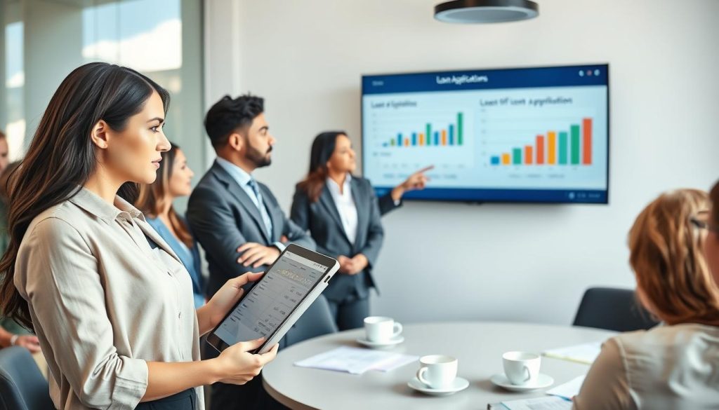A thoughtful, professional scene depicting a diverse group of individuals in business attire, engaged in a discussion about loan applications. In the foreground, a woman is holding a tablet showing data, looking contemplative, while a man points to a chart on a screen mounted on the wall, illustrating various financial statistics. The middle scene features a round conference table with financial documents and coffee cups, suggesting an ongoing meeting. In the background, a large window allows natural light to fill the room, casting soft shadows. The atmosphere is serious yet collaborative, with hints of determination and clarity. The composition should use a slightly elevated angle to convey depth and focus on the participants’ expressions, emphasizing their engagement and decision-making process.