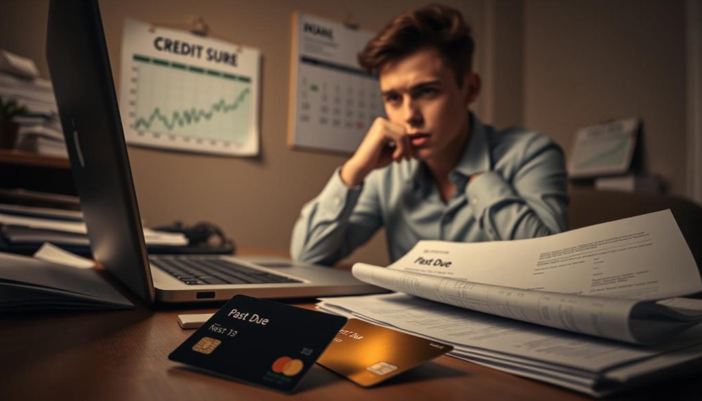 A thoughtful, professional young adult sitting at a desk cluttered with unpaid bills and a laptop, displaying a distressed expression as they review their personal credit score on the screen. In the foreground, a close-up of a credit card lying next to a monthly statement marked "Past Due." In the middle ground, a visual representation of a fluctuating credit score graph on the laptop, enhancing the sense of urgency. The background features a dimly lit room with a calendar indicating overdue payments and soft, warm lighting that creates a moody atmosphere. The overall tone conveys concern and the impact of late credit card payments on personal finances, while ensuring a safe and professional presentation. A thoughtful, professional young adult sitting at a desk cluttered with unpaid bills and a laptop, displaying a distressed expression as they review their personal credit score on the screen. In the foreground, a close-up of a credit card lying next to a monthly statement marked "Past Due." In the middle ground, a visual representation of a fluctuating credit score graph on the laptop, enhancing the sense of urgency. The background features a dimly lit room with a calendar indicating overdue payments and soft, warm lighting that creates a moody atmosphere. The overall tone conveys concern and the impact of late credit card payments on personal finances, while ensuring a safe and professional presentation.