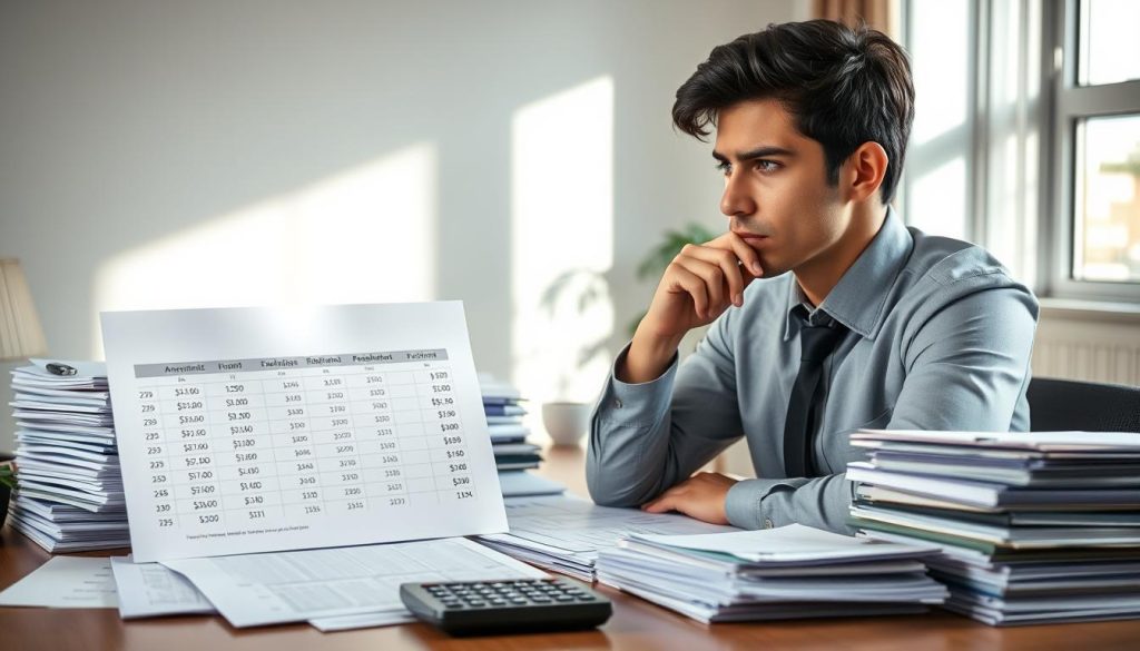 A thoughtful young adult, dressed in modest business attire, sits at a well-organized desk cluttered with financial documents and a calculator, deep in concentration. In the foreground, a hand points at a chart displaying various income thresholds. In the middle ground, stacks of paperwork, including loan applications and income statements, suggest the process of evaluating loan eligibility. The background features a modern office setting with soft, natural lighting streaming through a window, casting gentle shadows. This scene conveys a sense of determination and introspection, reflecting the challenges of assessing one’s financial situation against bank loan criteria. The atmosphere is calm yet serious, inviting viewers to consider their own financial prerequisites regarding loans. A thoughtful young adult, dressed in modest business attire, sits at a well-organized desk cluttered with financial documents and a calculator, deep in concentration. In the foreground, a hand points at a chart displaying various income thresholds. In the middle ground, stacks of paperwork, including loan applications and income statements, suggest the process of evaluating loan eligibility. The background features a modern office setting with soft, natural lighting streaming through a window, casting gentle shadows. This scene conveys a sense of determination and introspection, reflecting the challenges of assessing one’s financial situation against bank loan criteria. The atmosphere is calm yet serious, inviting viewers to consider their own financial prerequisites regarding loans.
