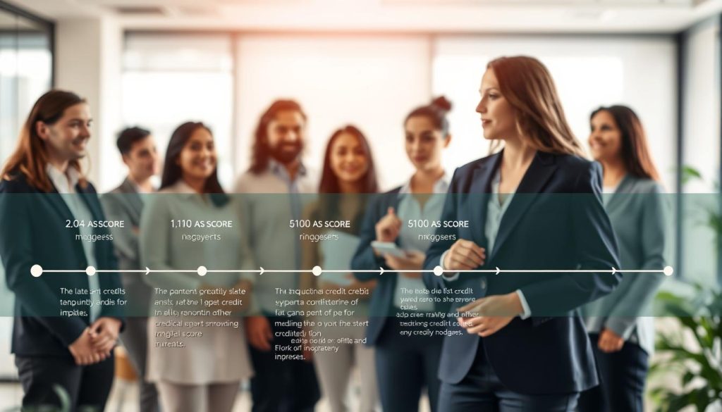 A timeline illustration depicting the process of credit repair following late credit card payments. In the foreground, a detailed timeline features distinct milestones: initial late payment, notification of credit score impact, steps for credit repair, and eventual score improvement. In the middle ground, a professional financial advisor in business attire is discussing the timeline with a diverse group of individuals, all appearing engaged and focused. The background illustrates a modern office environment with soft, warm lighting to promote a hopeful atmosphere. Use a slight depth of field effect to emphasize the timeline while keeping faces clearly visible, fostering a sense of professionalism and optimism regarding credit recovery. A timeline illustration depicting the process of credit repair following late credit card payments. In the foreground, a detailed timeline features distinct milestones: initial late payment, notification of credit score impact, steps for credit repair, and eventual score improvement. In the middle ground, a professional financial advisor in business attire is discussing the timeline with a diverse group of individuals, all appearing engaged and focused. The background illustrates a modern office environment with soft, warm lighting to promote a hopeful atmosphere. Use a slight depth of field effect to emphasize the timeline while keeping faces clearly visible, fostering a sense of professionalism and optimism regarding credit recovery.